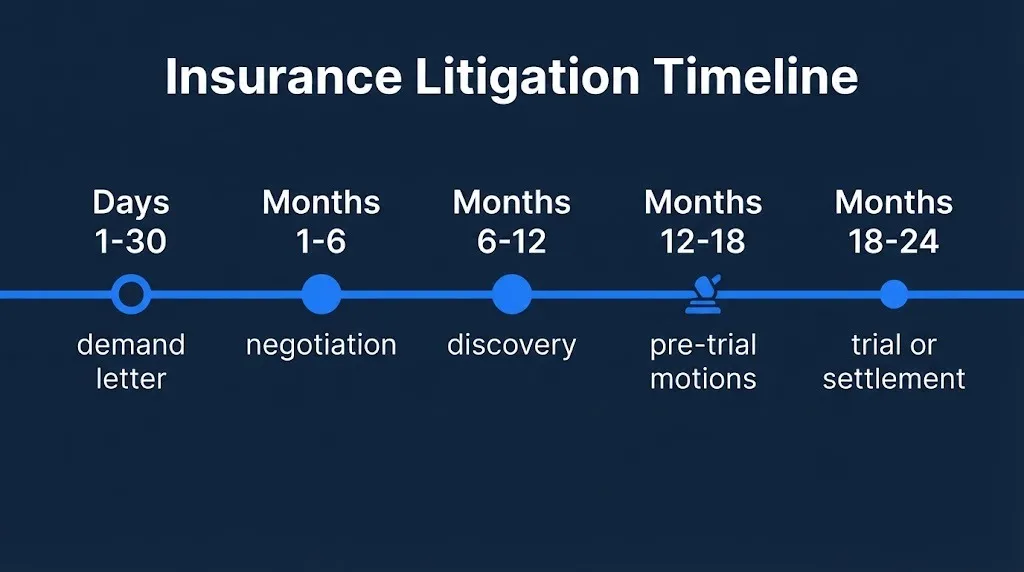 Insurance litigation 2026 timeline graphic showing key milestones from demand letter through trial.