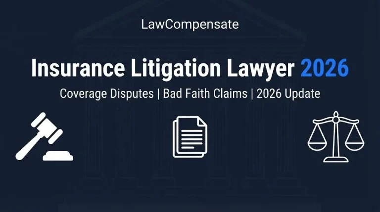 Insurance litigation lawyer 2026 hero banner with gavel and scales imagery on navy background.