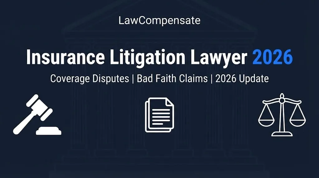 Insurance litigation lawyer 2026 hero banner with gavel and scales imagery on navy background.