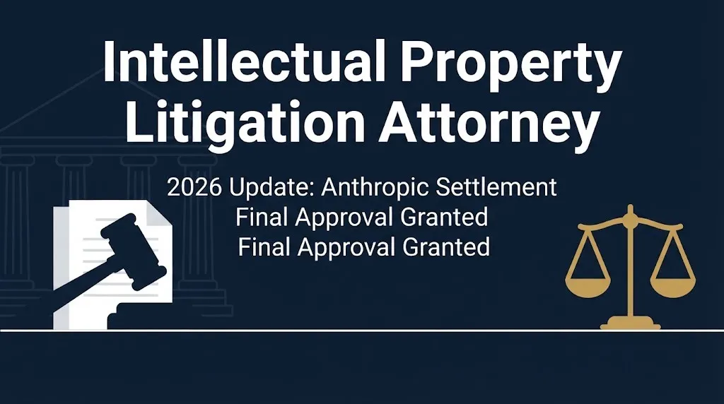 Intellectual property litigation attorney 2026 update banner with gavel silhouette and Anthropic settlement approval notice.