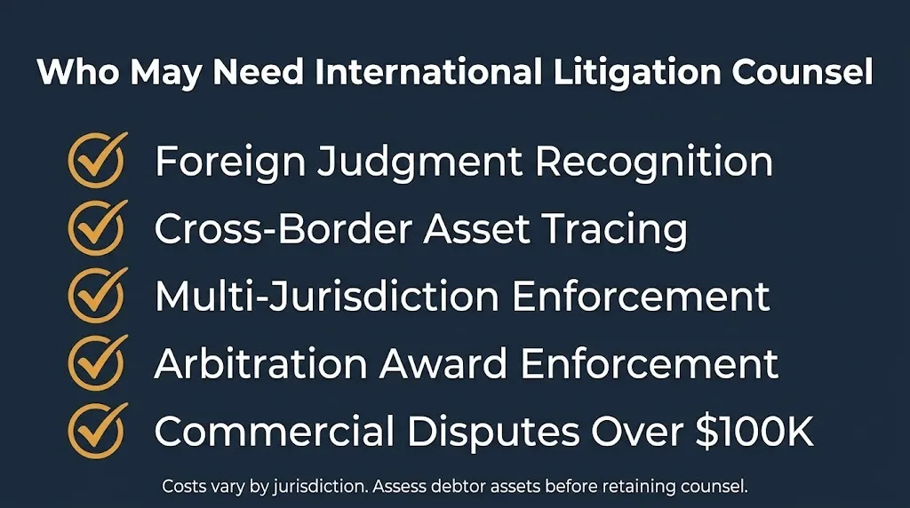 International litigation counsel checklist graphic showing foreign judgment recognition and cross-border asset tracing needs.