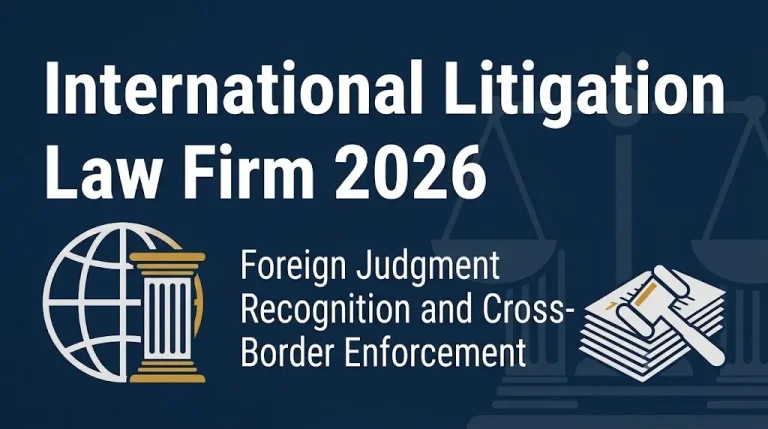 International litigation law firm 2026 banner showing foreign judgment recognition and cross-border enforcement themes.