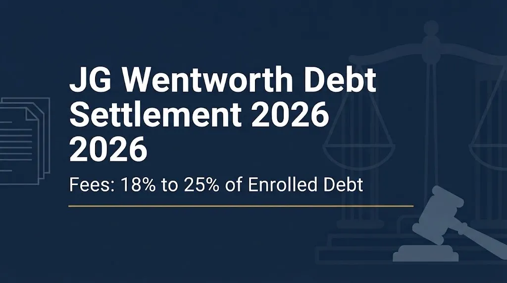 JG Wentworth debt settlement 2026 hero banner showing fees of 18% to 25% of enrolled debt.
