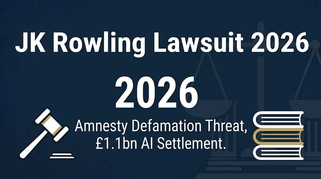 JK Rowling lawsuit 2026 banner showing Amnesty defamation threat and £1.1bn AI copyright settlement.