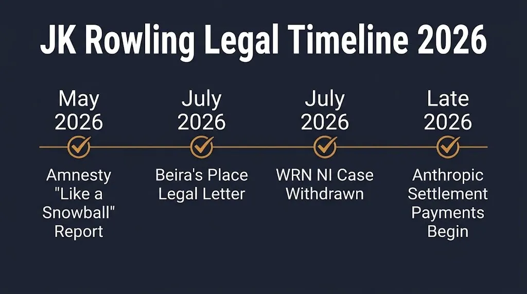 JK Rowling legal timeline graphic showing 2026 Amnesty dispute and Anthropic settlement milestones.