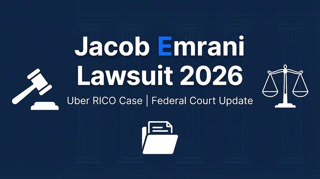 Jacob Emrani lawsuit 2026 hero banner with gavel and scales imagery on navy background.