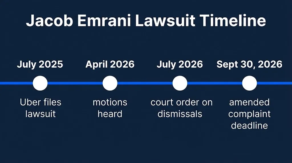 Jacob Emrani lawsuit timeline graphic showing key milestones from July 2025 filing to September 2026 deadline.