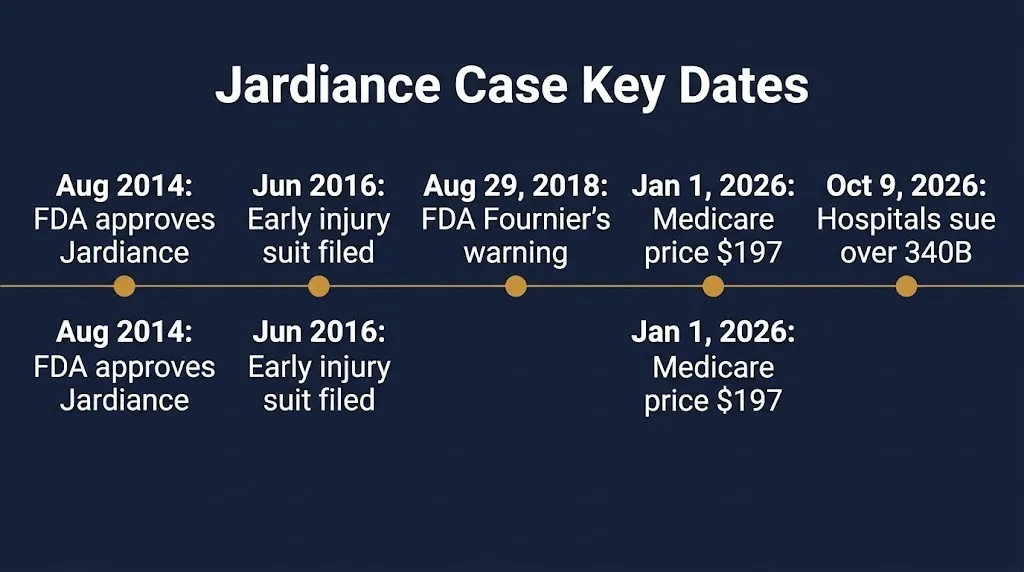 Jardiance lawsuit timeline 2014 approval, 2018 FDA warning, 2026 Medicare price and 340B suit