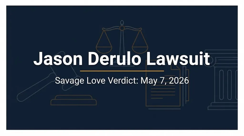 Jason Derulo lawsuit banner noting the May 7, 2026 Savage Love jury verdict