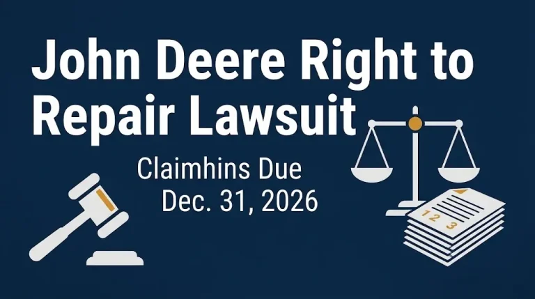 John Deere right to repair lawsuit banner showing the Dec. 31, 2026 claim deadline