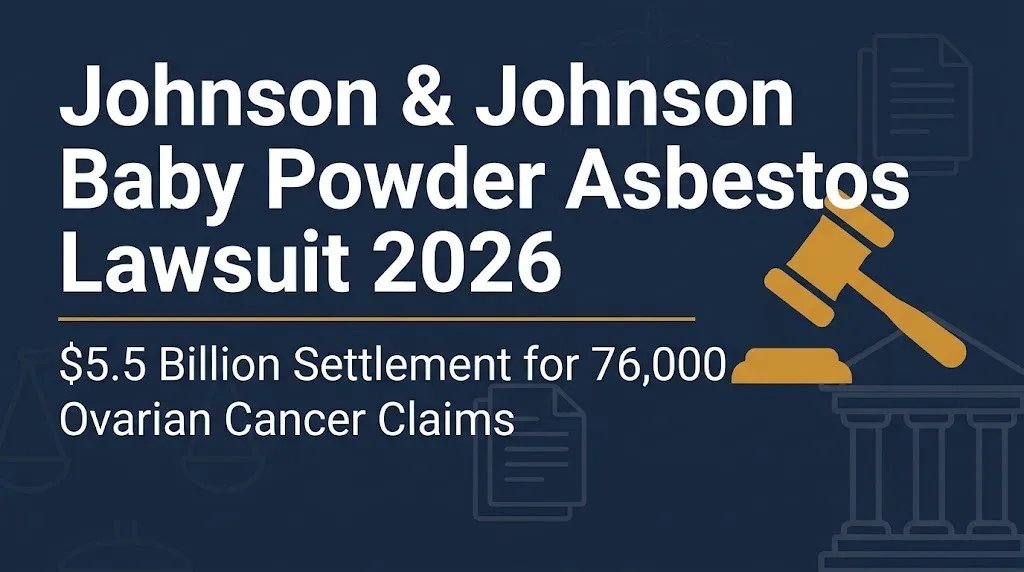 Johnson & Johnson baby powder asbestos lawsuit 2026 banner showing $5.5 billion settlement.