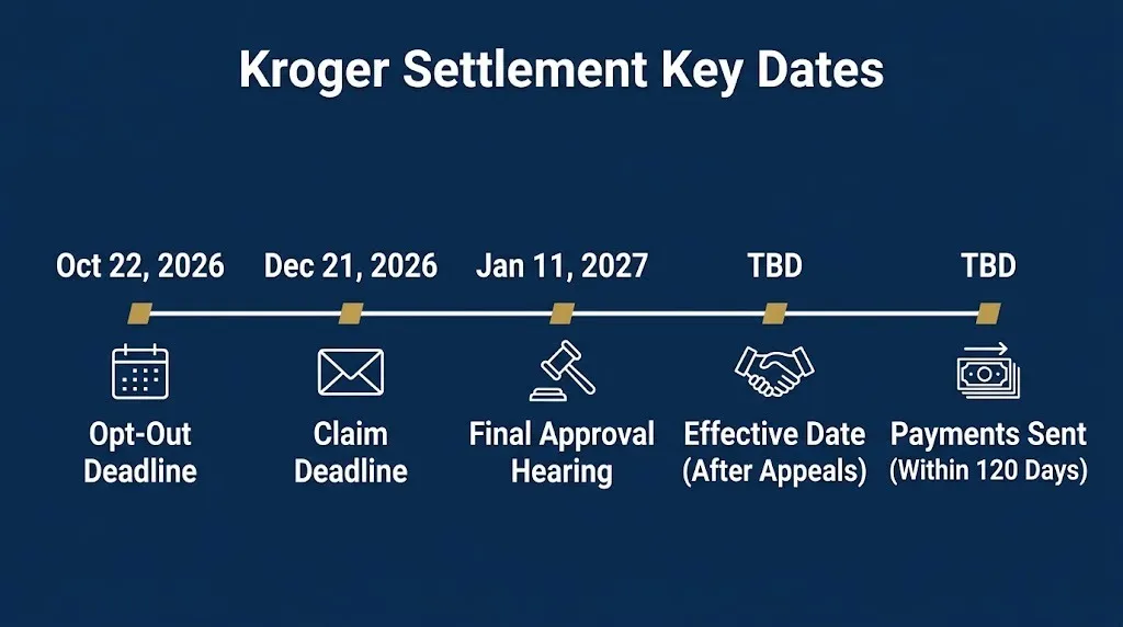 Kroger settlement timeline showing claim deadline December 21, 2026 and final approval January 11, 2027.
