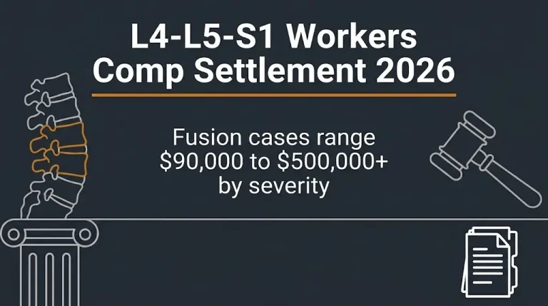 L4-L5-S1 workers comp settlement 2026 banner showing fusion case value ranges by severity.