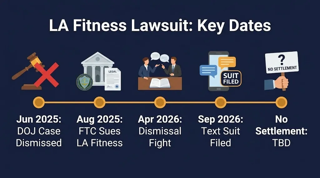 LA Fitness lawsuit timeline showing FTC suit filed August 2025 and text message case filed September 2026.