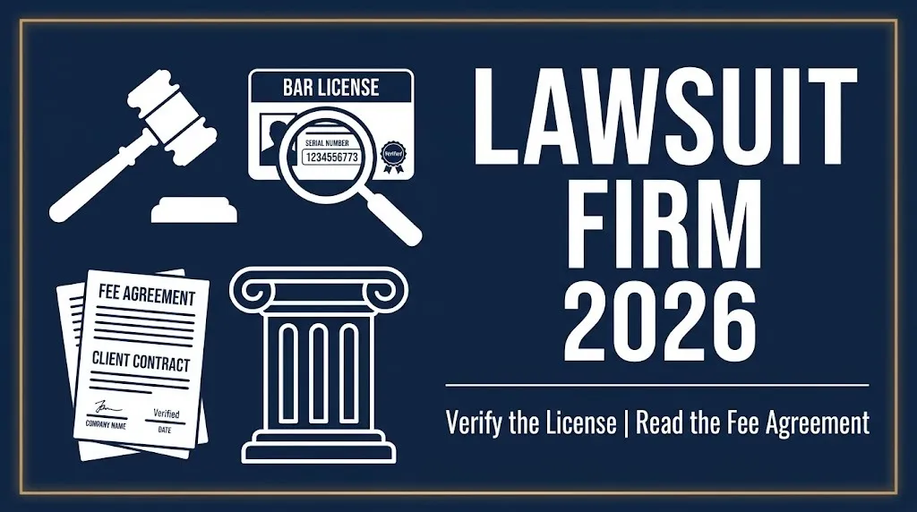 Lawsuit firm 2026 banner showing license verification and fee agreement review steps.