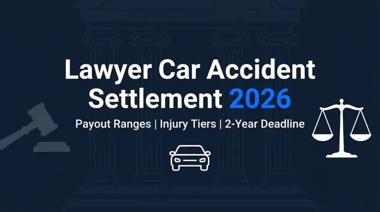 Lawyer car accident settlement 2026 hero banner with gavel and car imagery on navy background.