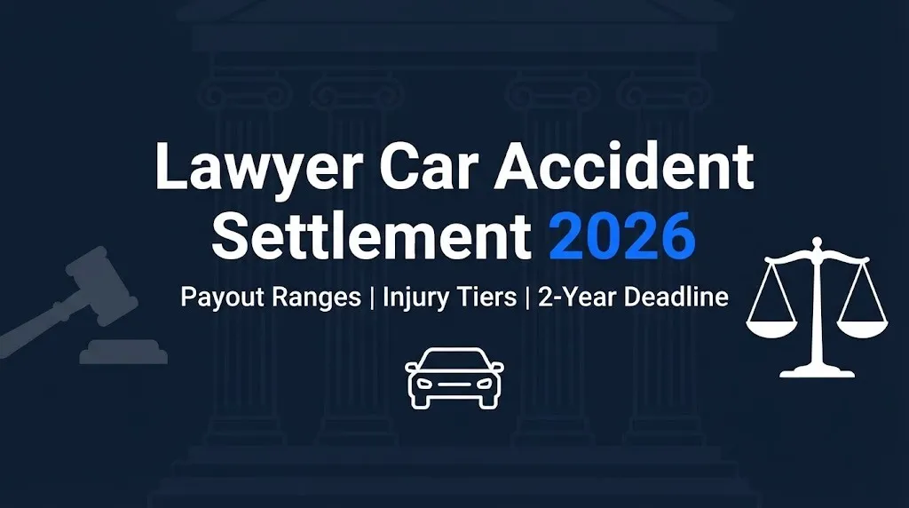 Lawyer car accident settlement 2026 hero banner with gavel and car imagery on navy background.