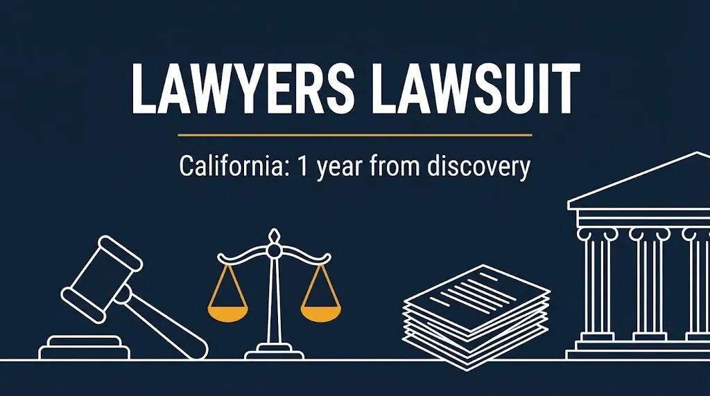 Lawyers lawsuit banner showing California's one-year-from-discovery malpractice deadline beside a gavel and scales.