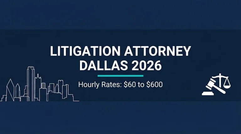 Litigation attorney Dallas 2026 guide banner showing hourly rate ranges and civil litigation information.