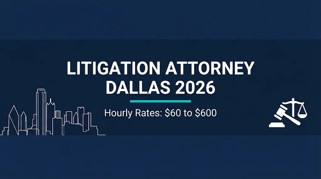 Litigation attorney Dallas 2026 guide banner showing hourly rate ranges and civil litigation information.