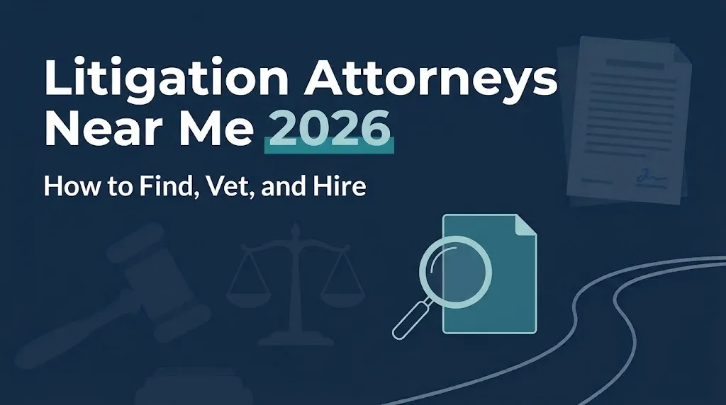 Litigation attorneys near me 2026 banner with guide to finding, vetting, and hiring the right lawyer.
