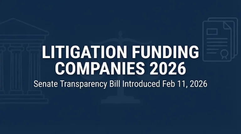 Litigation funding companies 2026 hero banner with Senate transparency bill date