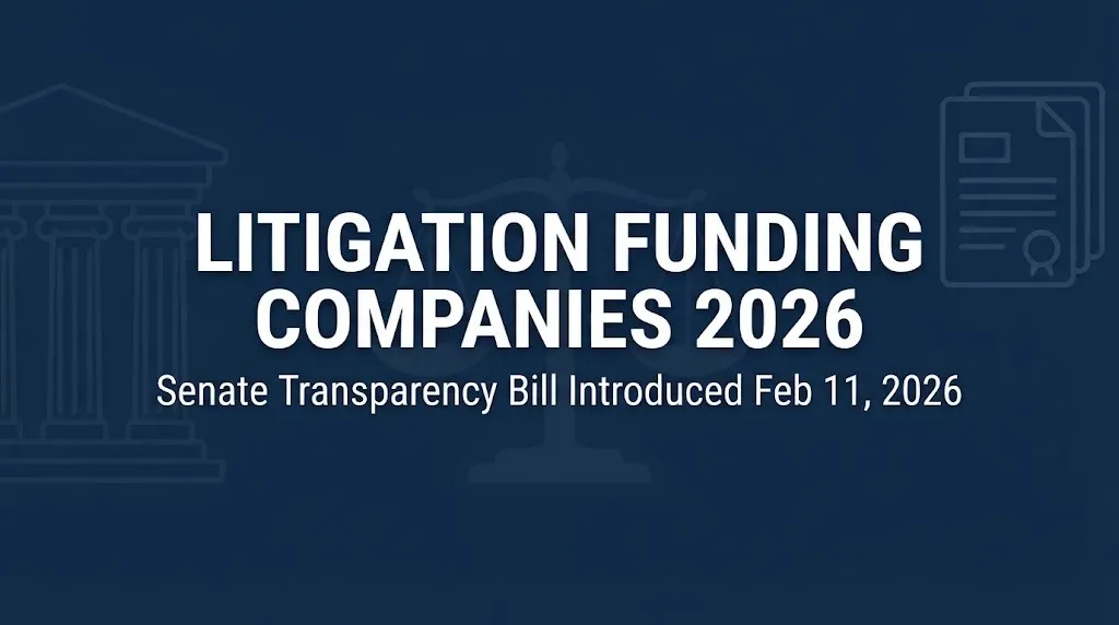 Litigation funding companies 2026 hero banner with Senate transparency bill date