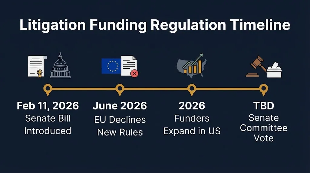 Litigation funding regulation timeline showing Senate bill and EU decision