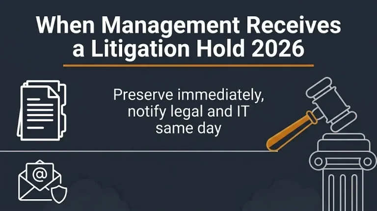 Litigation hold 2026 banner for management showing preserve and notify legal and IT steps.