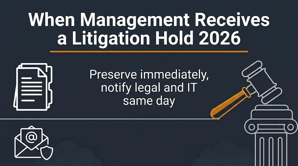 Litigation hold 2026 banner for management showing preserve and notify legal and IT steps.
