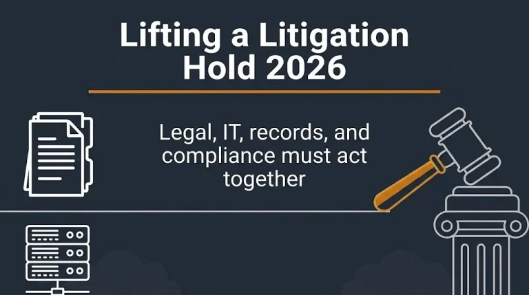 Litigation hold release 2026 banner showing legal, IT, and records teams working together.