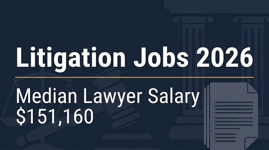 Litigation jobs 2026 banner showing median lawyer salary of $151,160.