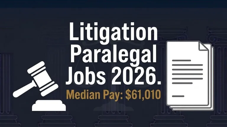 Litigation paralegal jobs 2026 hero banner with median pay data and legal symbols in navy and gold.