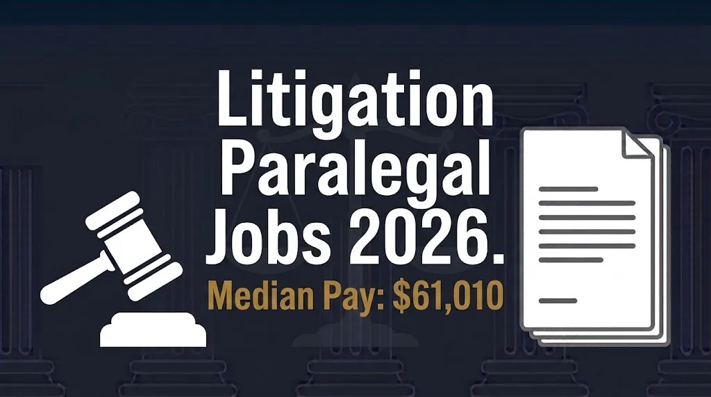 Litigation paralegal jobs 2026 hero banner with median pay data and legal symbols in navy and gold.