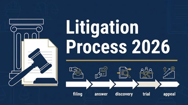 Litigation process 2026 banner showing the 21-day answer deadline and discovery before trial.