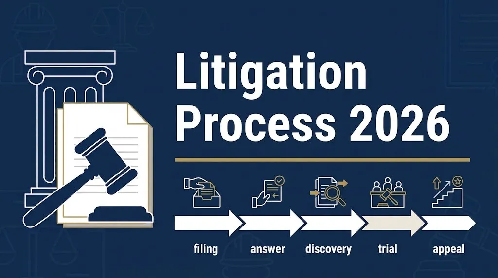 Litigation process 2026 banner showing the 21-day answer deadline and discovery before trial.