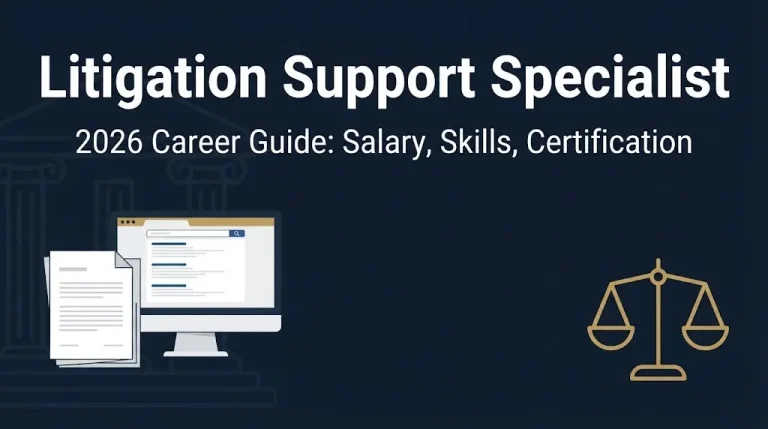Litigation support specialist 2026 career guide banner with document and computer icons.