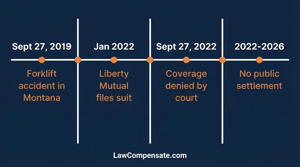 Loren Schauers case timeline from 2019 forklift accident to 2022 court ruling denying insurance coverage.