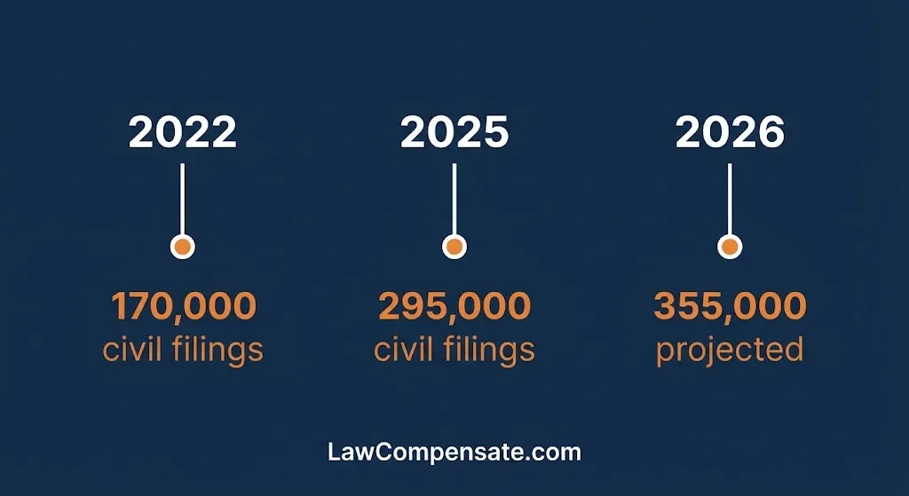 Los Angeles civil court filings timeline showing growth from 170,000 in 2022 to 355,000 projected in 2026.