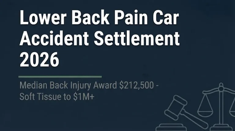 Lower back pain car accident settlement 2026 banner showing median award and payout ranges.