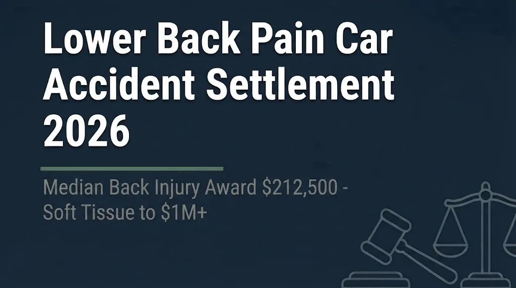 Lower back pain car accident settlement 2026 banner showing median award and payout ranges.