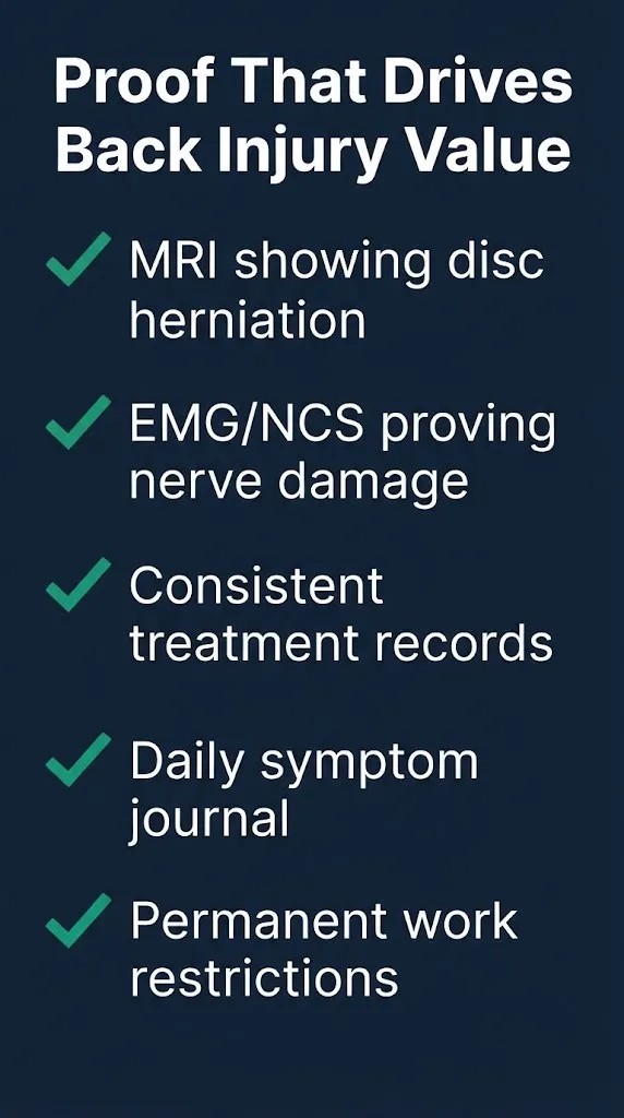 Lower back pain settlement proof checklist showing evidence that increases car accident claim value.