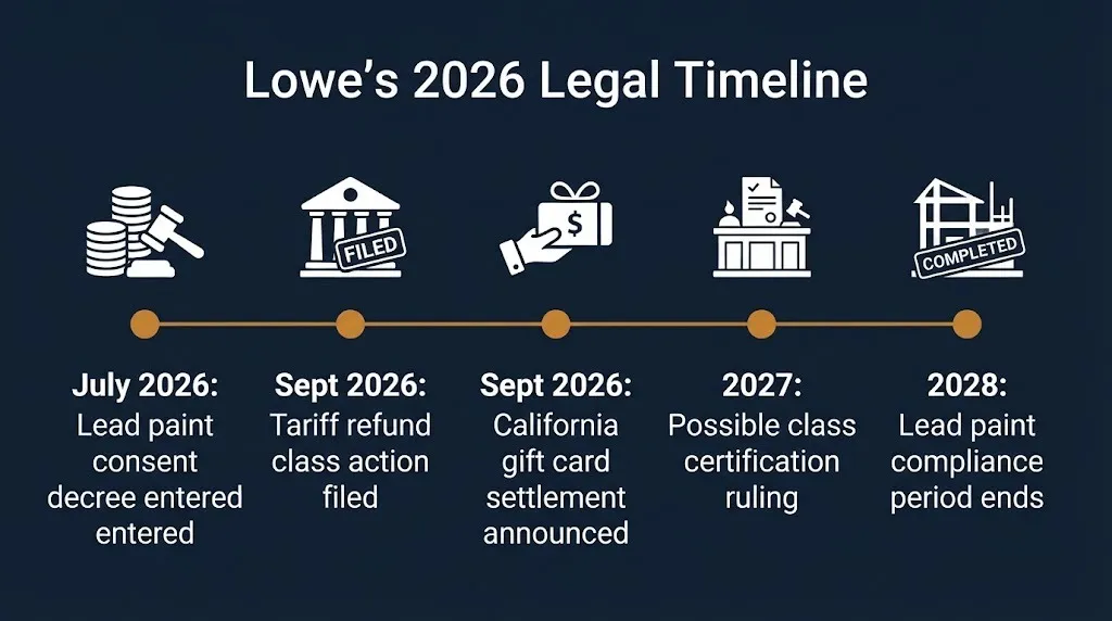 Lowe's 2026 legal timeline showing tariff refund case, gift card settlement, and lead paint consent decree.