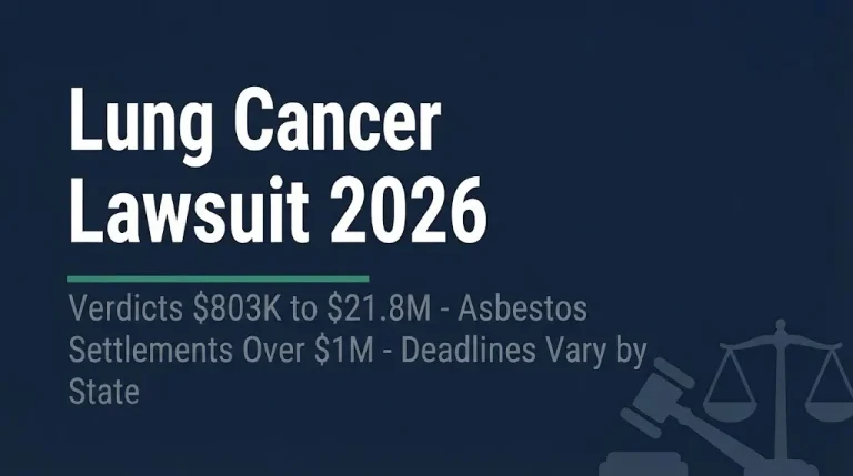 Lung cancer lawsuit 2026 banner showing verdict ranges from $803K to $21.8M and asbestos settlements.