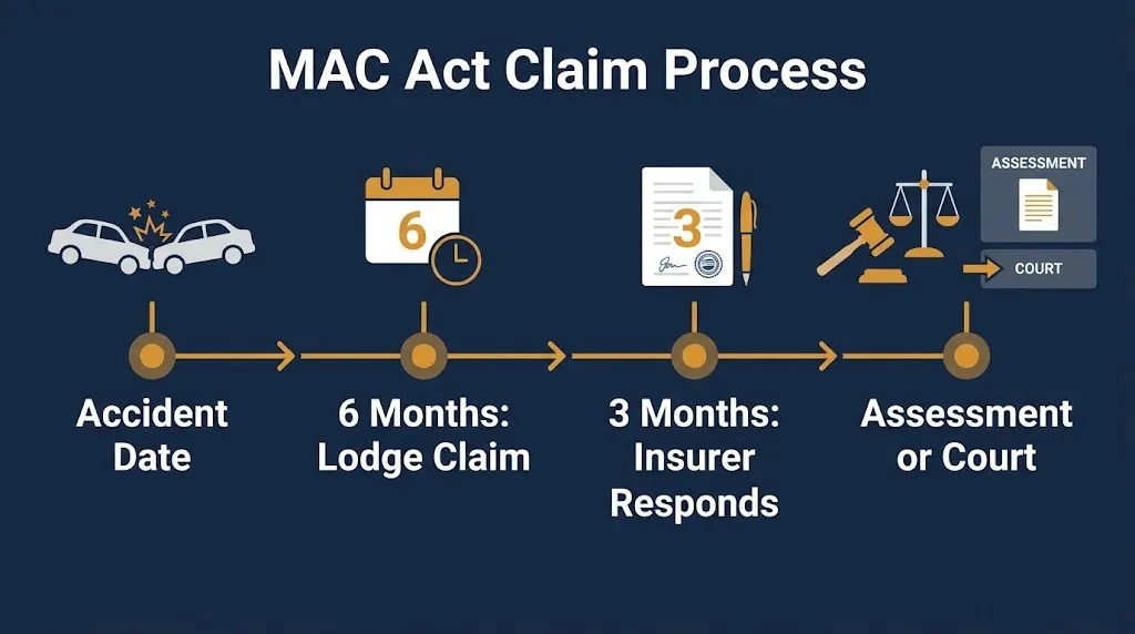 MAC Act claim timeline graphic showing six-month deadline to lodge claim and insurer response period.
