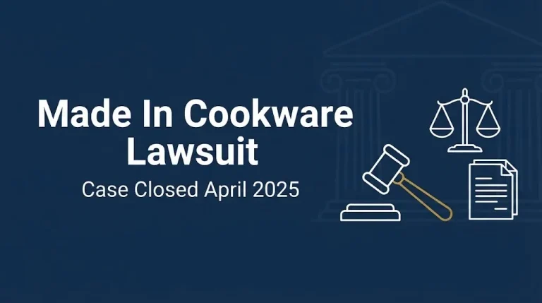Made In cookware lawsuit banner noting the case closed in April 2025, beside a gavel and scales.