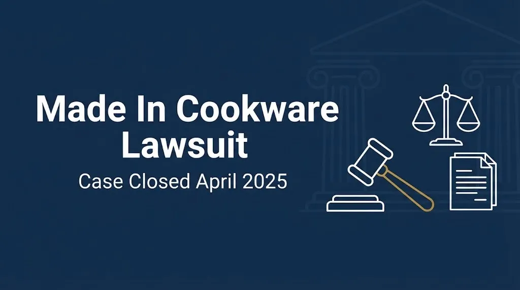 Made In cookware lawsuit banner noting the case closed in April 2025, beside a gavel and scales.