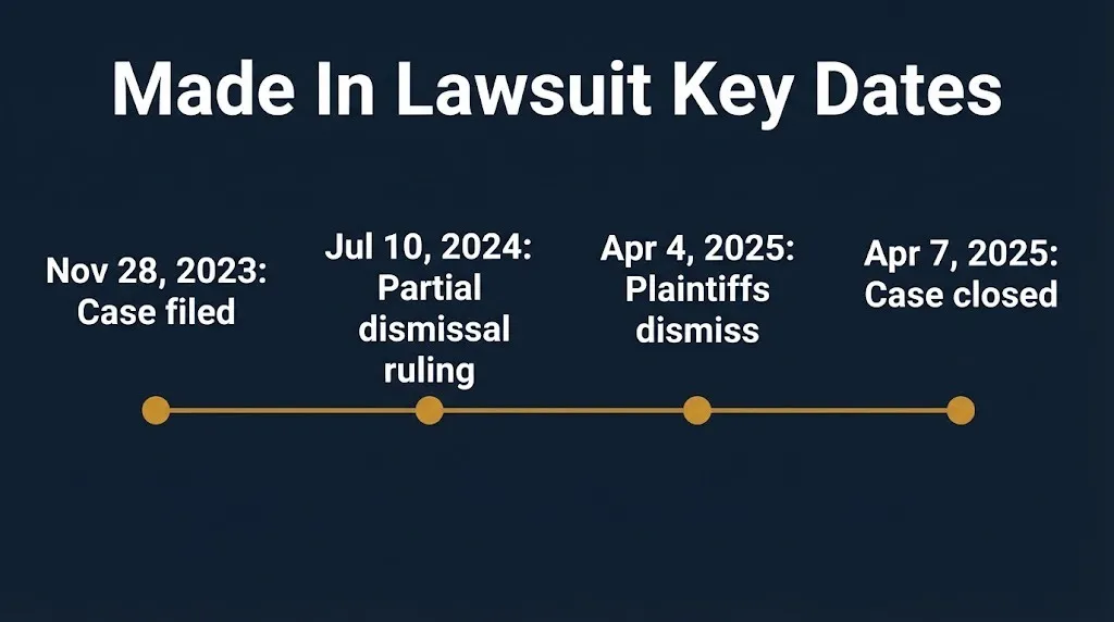 Made In cookware lawsuit timeline from the November 2023 filing to the April 7, 2025 case closure.