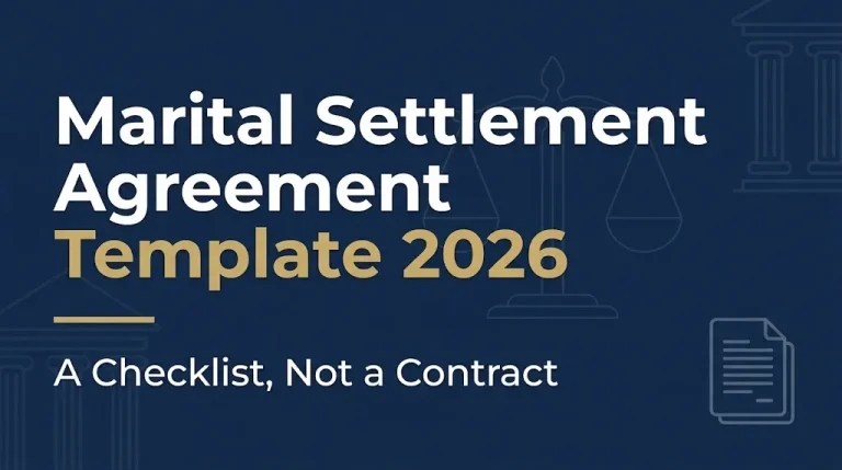Marital settlement agreement template 2026 banner showing it is a checklist not a contract.