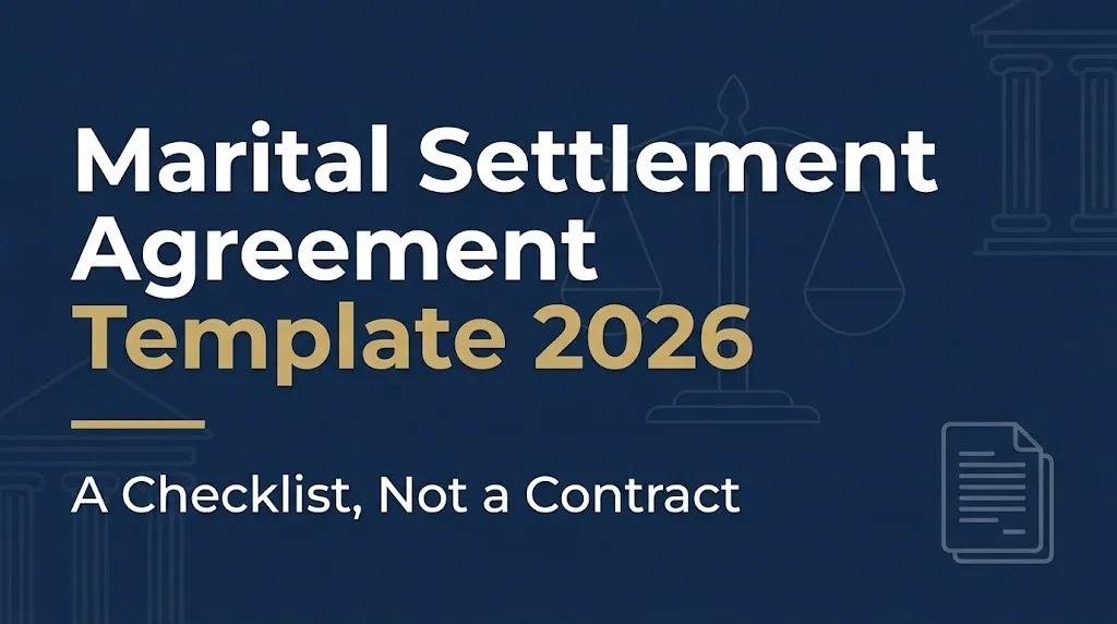 Marital settlement agreement template 2026 banner showing it is a checklist not a contract.